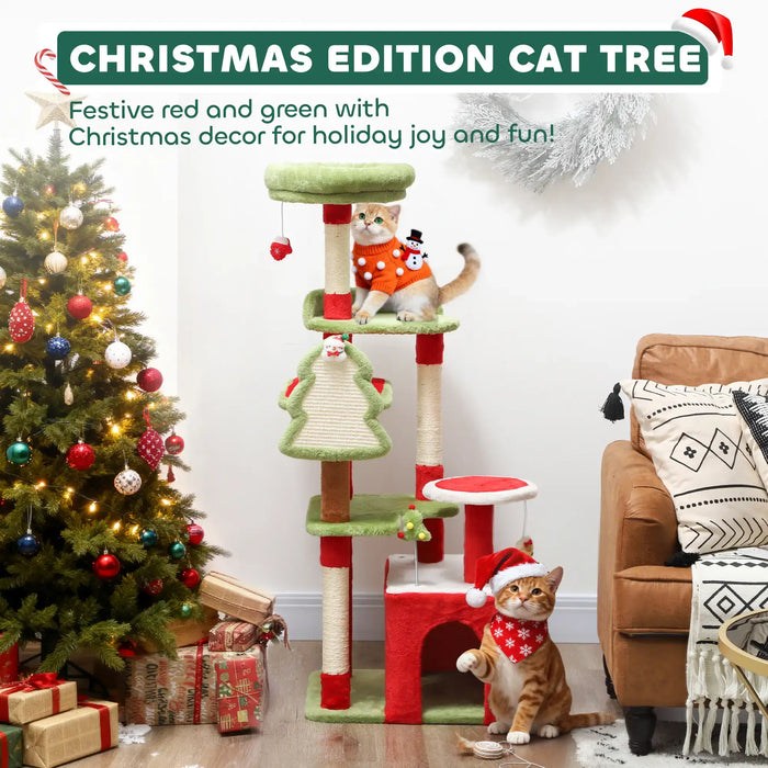 Christmas Cat Tree – Red and Green | 120cm Multi-Level Festive Cat Tower with Hanging Toys PAWHUT - Little and Giant Explorers PawHut