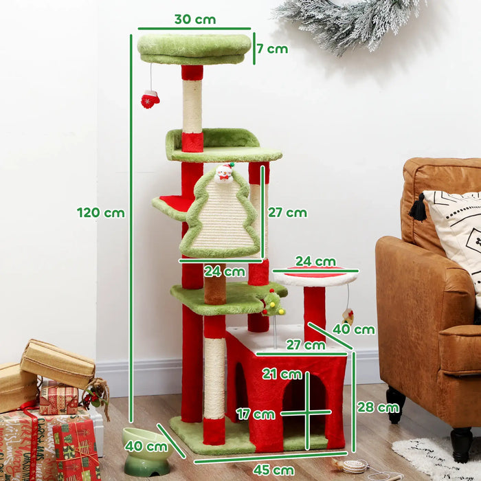 Christmas Cat Tree – Red and Green | 120cm Multi-Level Festive Cat Tower with Hanging Toys PAWHUT - Little and Giant Explorers PawHut