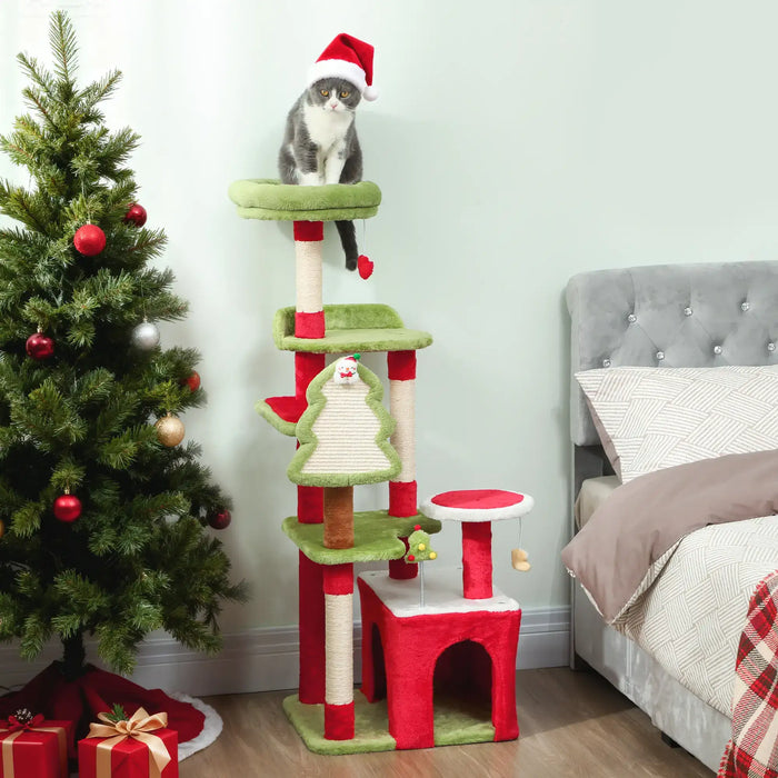 Christmas Cat Tree – Red and Green | 120cm Multi-Level Festive Cat Tower with Hanging Toys PAWHUT - Little and Giant Explorers PawHut