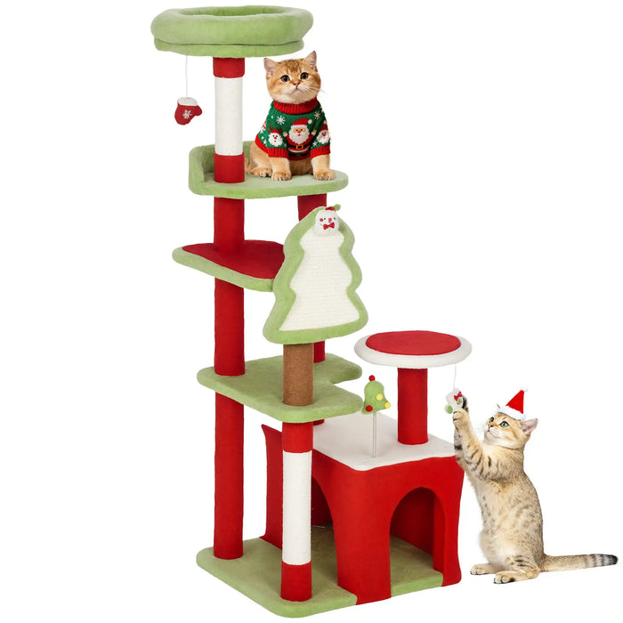 Christmas Cat Tree – Red and Green | 120cm Multi-Level Festive Cat Tower with Hanging Toys PAWHUT - Little and Giant Explorers PawHut