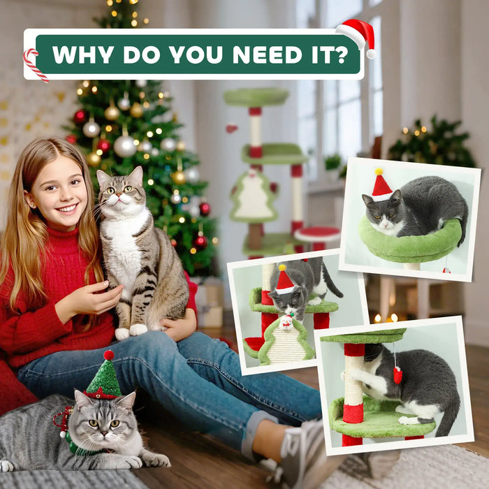 Christmas Cat Tree – Red and Green | 120cm Multi-Level Festive Cat Tower with Hanging Toys PAWHUT - Little and Giant Explorers PawHut