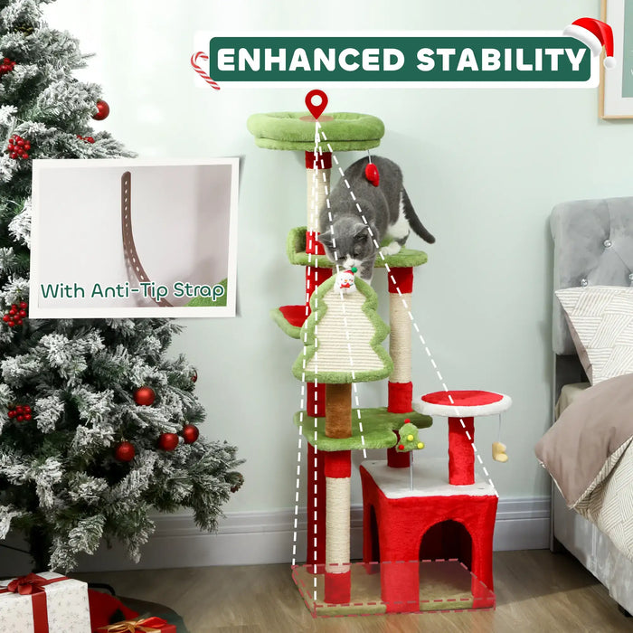 Christmas Cat Tree – Red and Green | 120cm Multi-Level Festive Cat Tower with Hanging Toys PAWHUT - Little and Giant Explorers PawHut