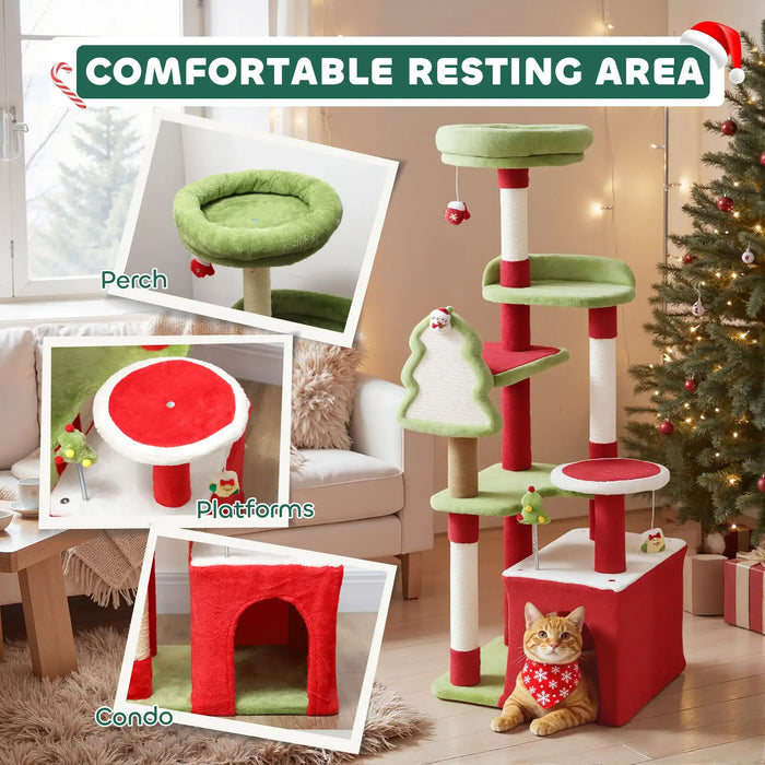 Christmas Cat Tree – Red and Green | 120cm Multi-Level Festive Cat Tower with Hanging Toys PAWHUT - Little and Giant Explorers PawHut