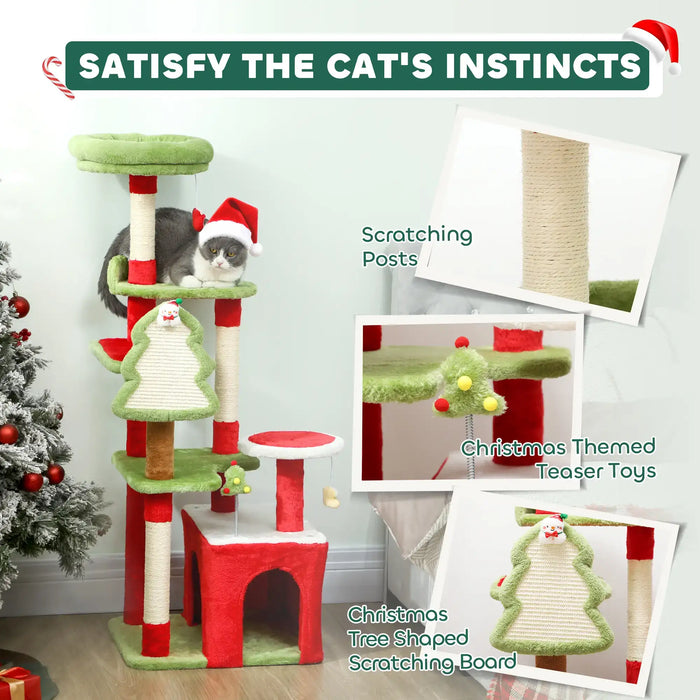 Christmas Cat Tree – Red and Green | 120cm Multi-Level Festive Cat Tower with Hanging Toys PAWHUT - Little and Giant Explorers PawHut