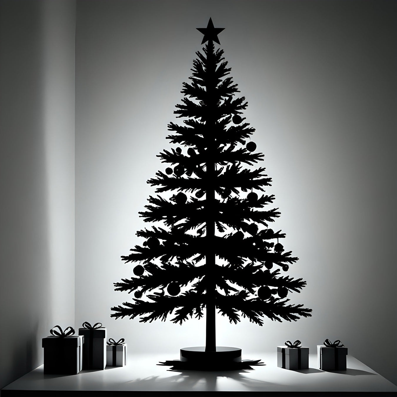 An image of a black and white Christmas tree