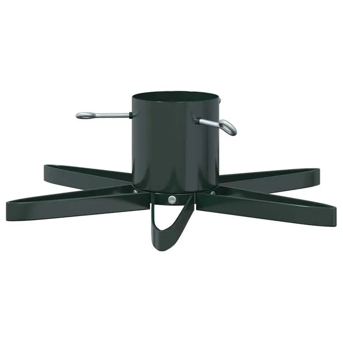 Black metal Christmas tree stand with five wide sturdy legs and side screw handles