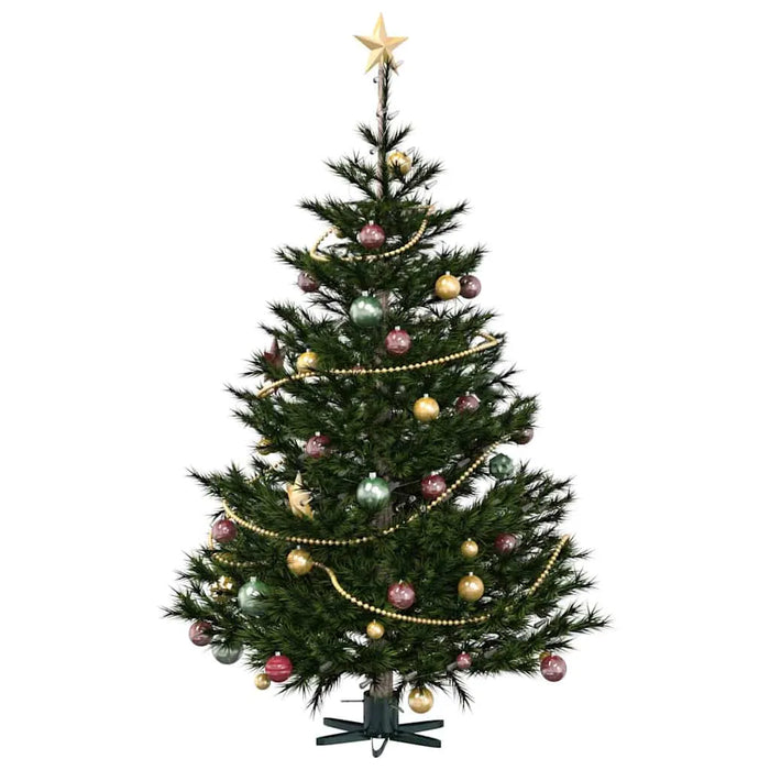 Decorated Christmas tree with gold star top, colorful baubles, and gold bead garland on white background