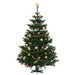 Decorated Christmas tree with gold star top, colorful baubles, and gold bead garland on white background