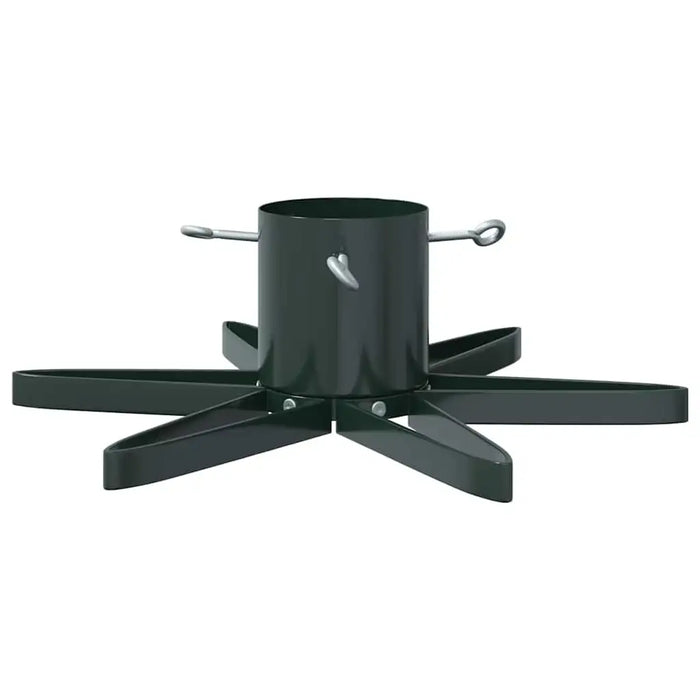 Black metal Christmas tree stand with eight wide legs and adjustable screws on white background