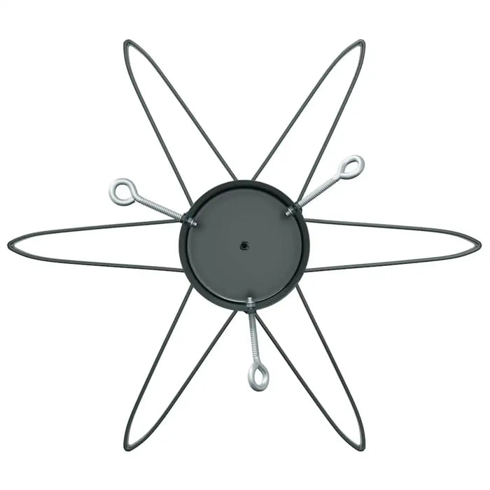 Black metal Christmas tree stand with five spring-loaded hooks and circular base