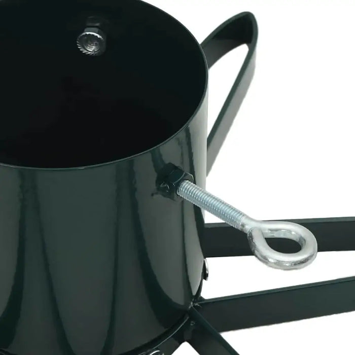 Close-up of black metal Christmas tree stand with silver adjustable eye bolt and support legs