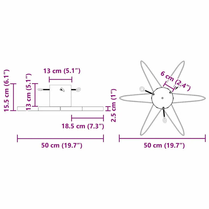 Technical drawing of a star-shaped object with detailed dimensions in cm and inches
