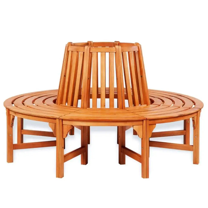 Circular eucalyptus wood tree bench with slatted back and oil finish, outdoor furniture