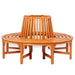 Circular eucalyptus wood tree bench with slatted back and oil finish, outdoor furniture