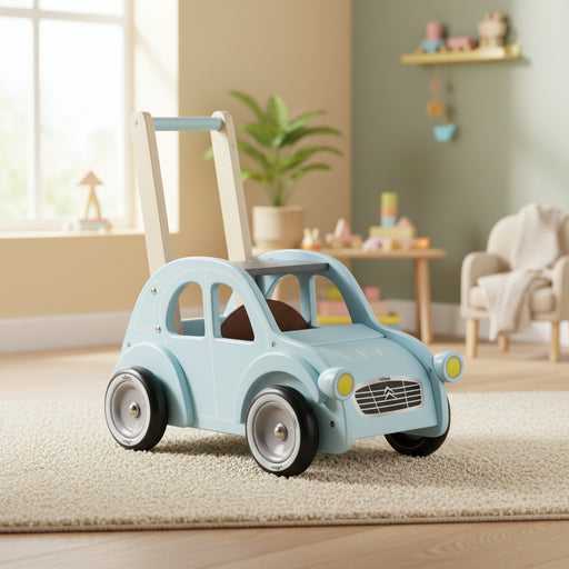 Children's toy car with a wooden push handle in a plush playroom