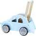 Light blue wooden baby walker shaped like a Citroen 2CV car with anti-tip safety bar.