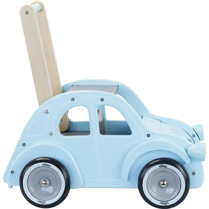 Light blue wooden baby walker in Citroen 2CV car shape with black wheels and safety handle