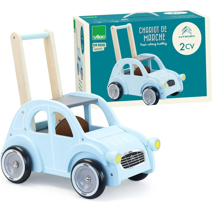 Blue wooden Citroen 2CV baby walker with anti-tip design and Vilac packaging box