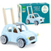 Blue wooden Citroen 2CV baby walker with anti-tip design and Vilac packaging box