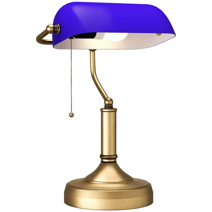 Table lamp with purple shade and brass base on a white background