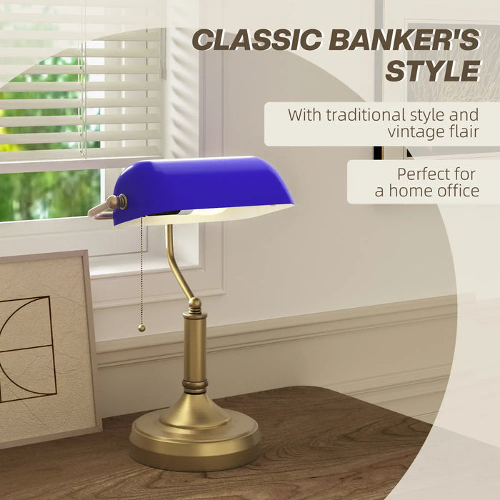 Vintage-style desk lamp with blue shade and brass base on a wooden surface, with text 'Classic Banker's Style' and 'Perfect for a home office'.