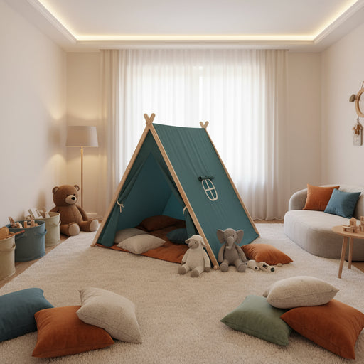 Classic blue kids play tent with wooden poles in cozy playroom, surrounded by pillows and plush toys