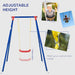 Classic garden swing seat with adjustable height, blue frame, red U-shaped seat, yellow ropes.
