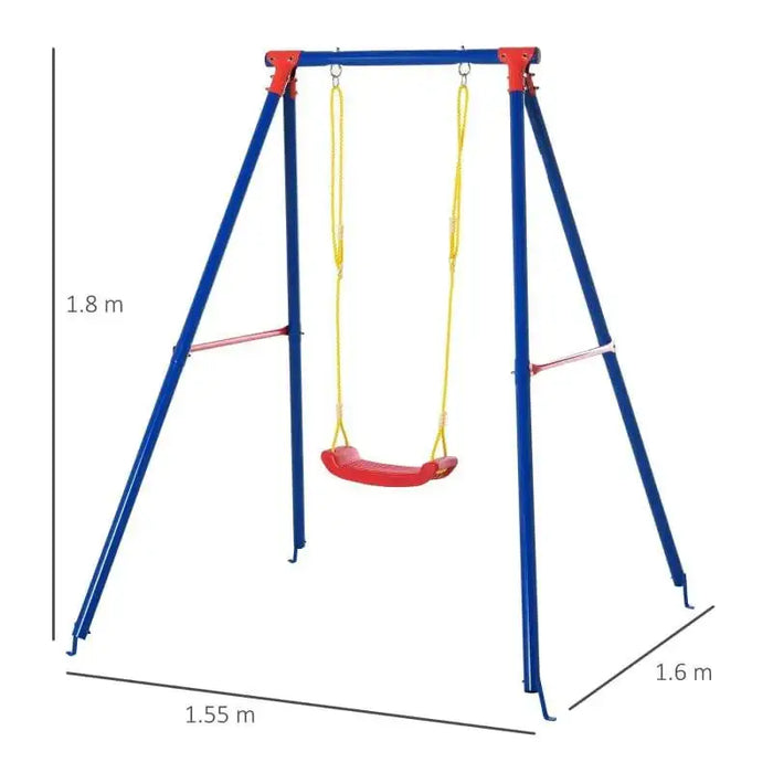 Kids garden swing seat with red U-shaped seat, blue frame, yellow ropes, size markers