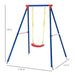 Kids garden swing seat with red U-shaped seat, blue frame, yellow ropes, size markers