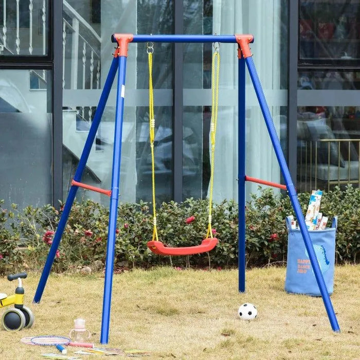 Classic kids garden swing set with blue frame, red U-shaped seat, and adjustable ropes outdoors