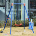 Classic kids garden swing set with blue frame, red U-shaped seat, and adjustable ropes outdoors
