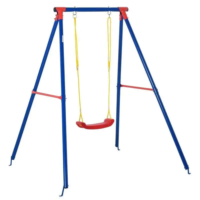 Blue and red metal garden swing set with U-shaped red seat and yellow adjustable ropes