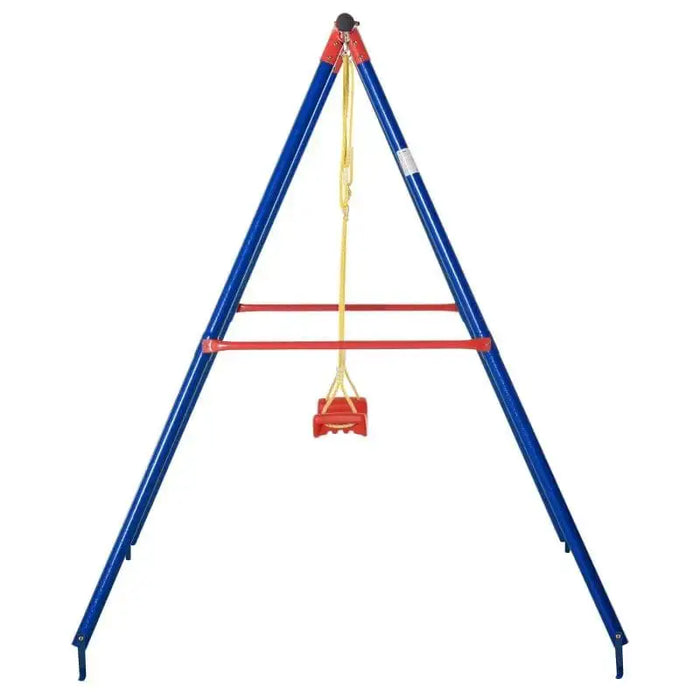 Classic kids garden swing seat with blue metal frame and red U-shaped seat on yellow ropes