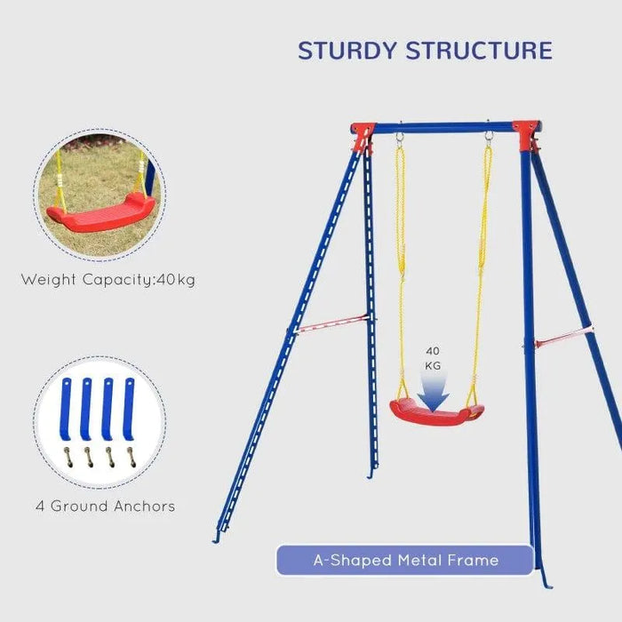 Kids garden swing seat with red U-shaped seat, blue A-frame, yellow ropes, 40kg capacity.