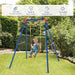 Child on blue metal swing set with U-shaped seat in a green garden, outdoor kids swing toy