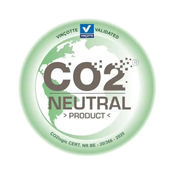 CO2 neutral product certification badge with green earth background and Vinçotte validated logo