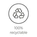 100% recyclable symbol with recycling arrows in a circle, eco-friendly packaging icon