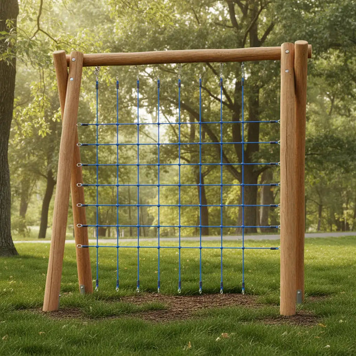 Outdoor wooden climbing net with blue rope for kids and adults on grassy playground
