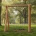 Outdoor wooden climbing net with blue rope for kids and adults on grassy playground