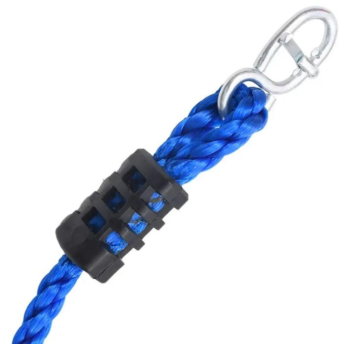 Blue climbing net rope with black connector and metal clip for outdoor playgrounds