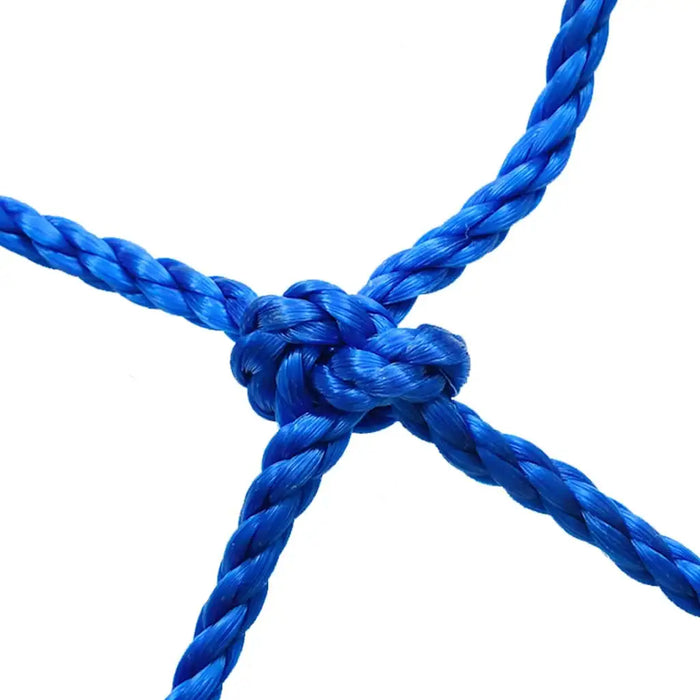 Close-up of blue climbing net rope knot on white background