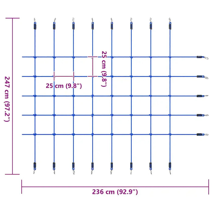 Blue climbing rope net for kids and adults with 25 cm grid, 247x236 cm dimensions.