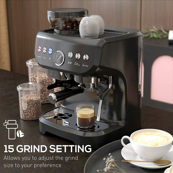 Espresso machine with a cup of coffee on a wooden table