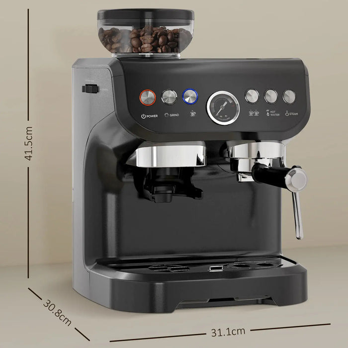 Black espresso machine with a bean grinder attachment, shown with dimensions on a beige background.