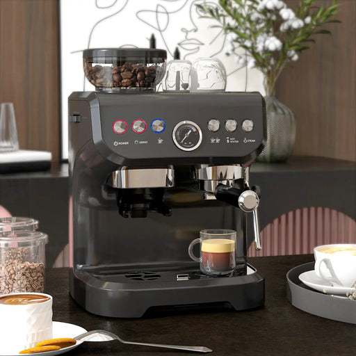 Black espresso machine on a table with coffee cups and beans, in a home setting.