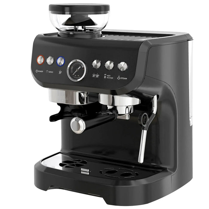 Black espresso machine with chrome accents on a white background