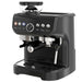 Black espresso machine with chrome accents on a white background
