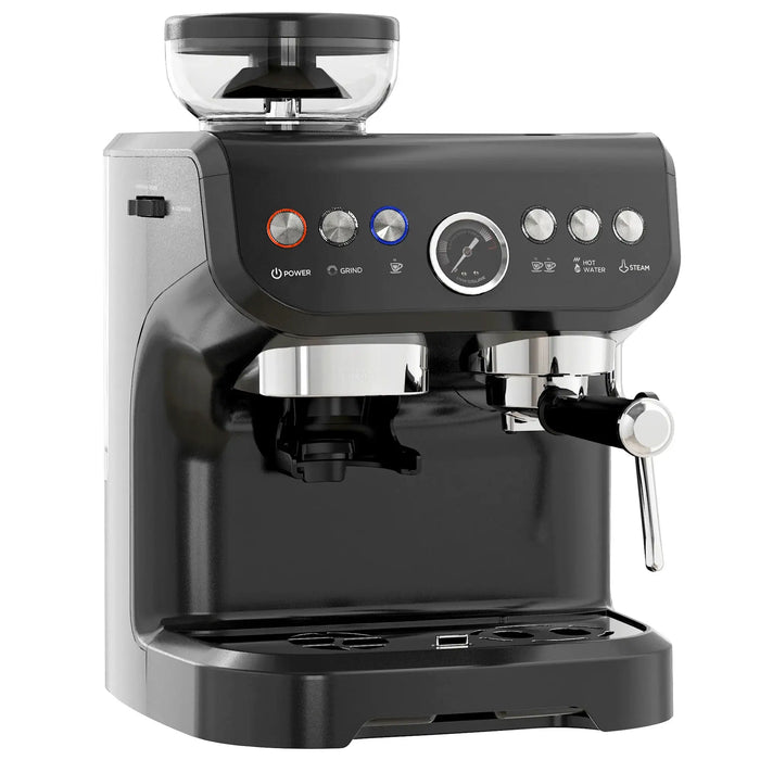Black espresso machine with a clear bean container on a white background