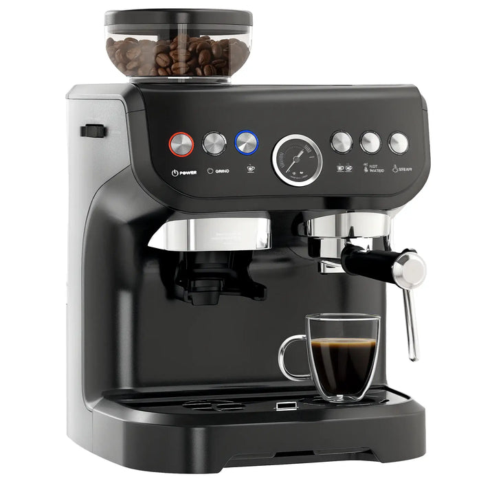 Black espresso machine with a glass of coffee on a white background