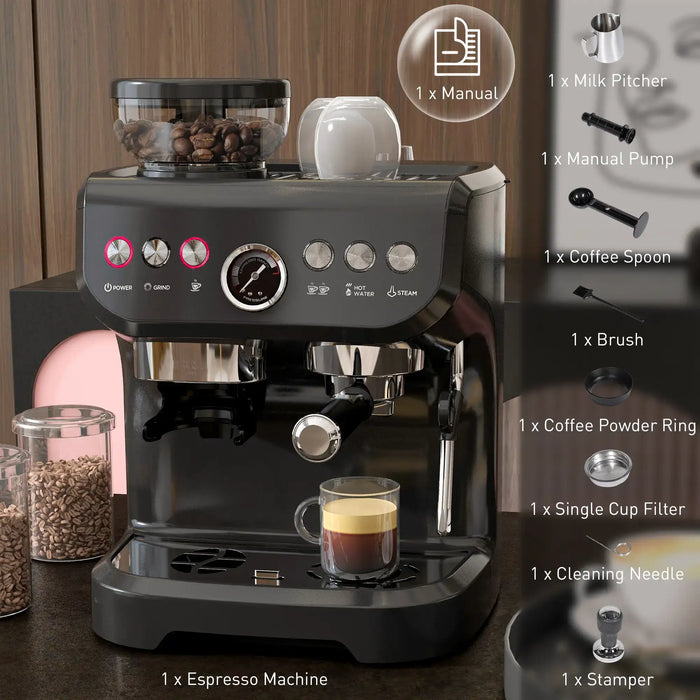 Espresso machine with a glass of coffee on a wooden surface, surrounded by coffee-making accessories.